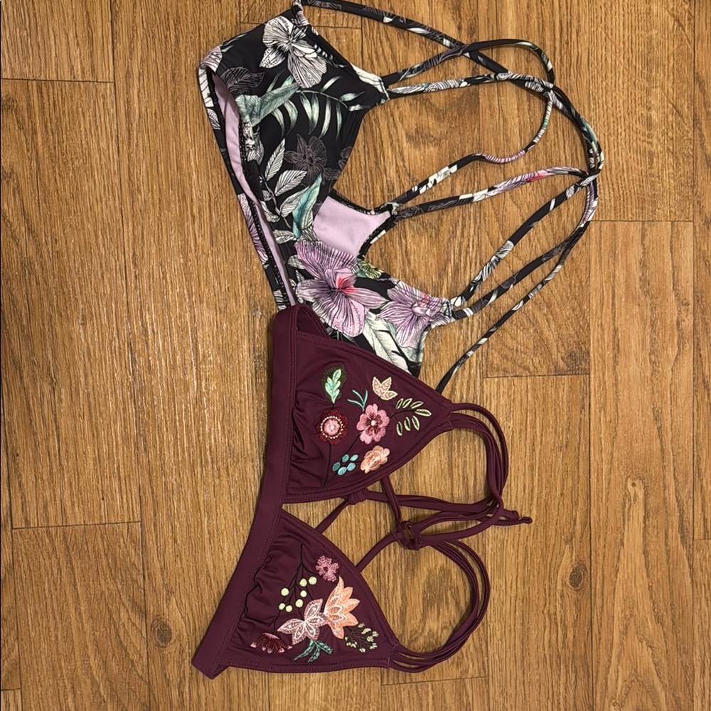 Time and Tru Black and Purple Bikini with Floral Embroidery